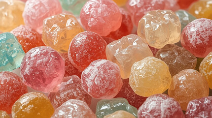 Close-up of mixed fruit-flavored crystal candies in soft pastel hues.