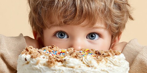 A cheerful child peeking over a large dessert, eyes wide with excitement for the sweet treat ahead.