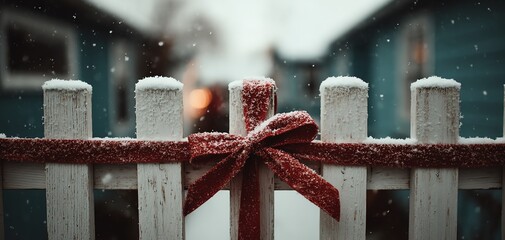 A charming snowy scene featuring a white fence adorned with a red bow, evoking a cozy winter atmosphere.