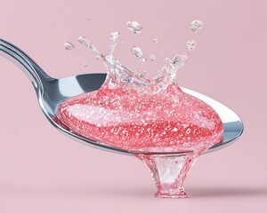 A close-up of a spoon with vibrant pink gelatin, showcasing splashes of water against a soft pink background.
