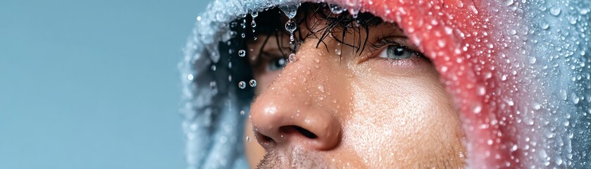 A close-up of a thoughtful man wearing a hood, with rain droplets on his face highlighting deep features and emotion.