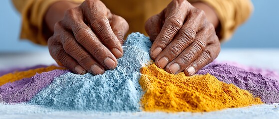 A close-up of hands shaping colorful powder for artistic purposes, showcasing creativity and cultural expression.