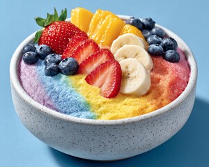 A colorful dessert bowl featuring a rainbow of fruits on a fluffy base, perfect for a refreshing treat.
