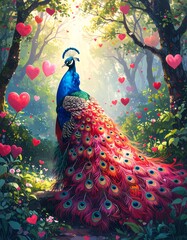 Vibrant peacock in a lush, romantic forest setting filled with hearts