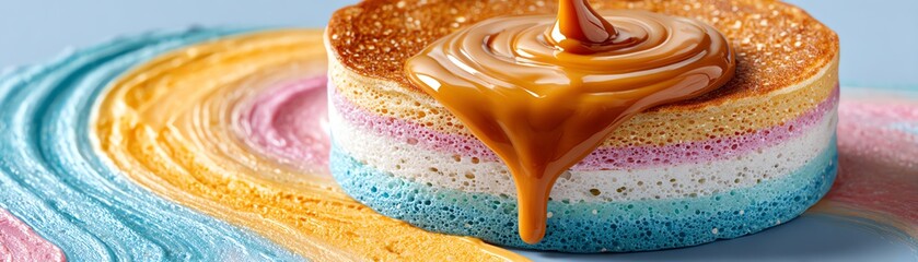 A colorful layered dessert drizzled with caramel, showcasing vibrant hues and a delightful presentation.