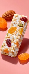 A colorful snack bar made with nuts and dried fruits, perfect for a healthy treat or energy boost on the go.