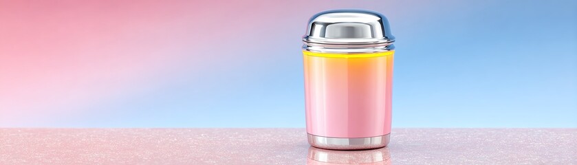 A colorful thermos filled with a refreshing beverage against a vibrant pastel background, ideal for summer outings.