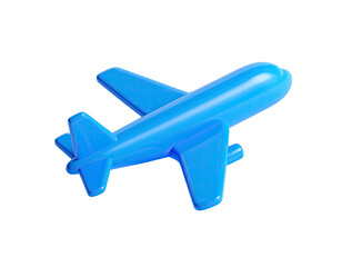 Fototapeta premium Glossy blue 3D toy airplane isolated against a stark black background