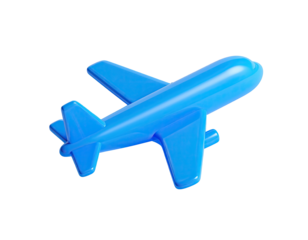 Glossy blue 3D toy airplane isolated against a stark black background