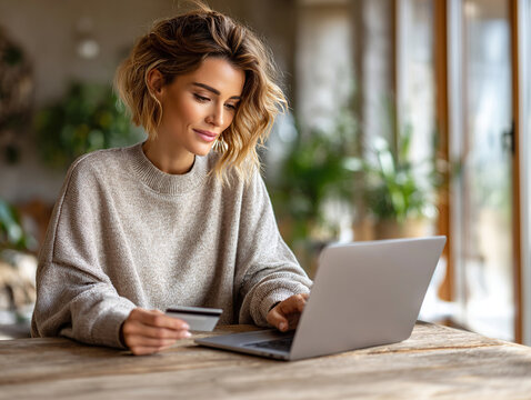 A businesswoman uses a laptop for online shopping, processing orders, holding a bank card, and making payments while sitting at her desk. Online banking and e-commerce concept.