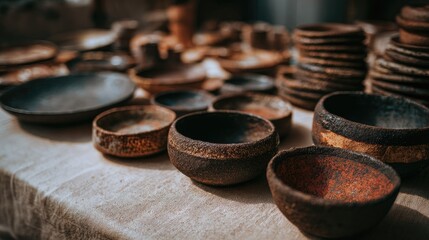Close-up view of handcrafted ceramic bowls and plates.