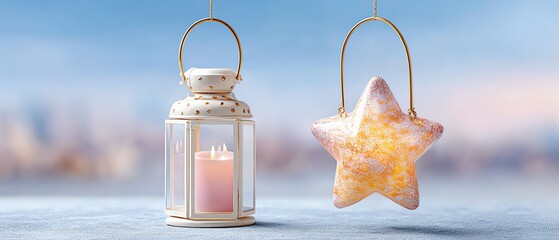 A cozy lantern with a candle beside a decorative star, evoking warmth and tranquility in a serene setting.