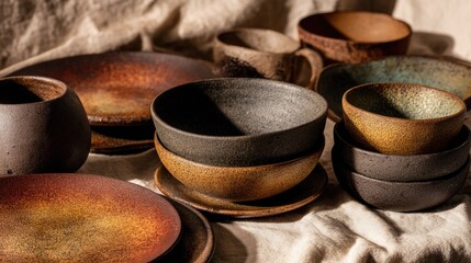 Assorted handcrafted ceramic bowls and plates arranged on a linen tablecloth.