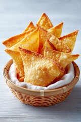 A delightful basket of crispy fried dumplings, perfect for appetizers or snacks, golden and delicious.
