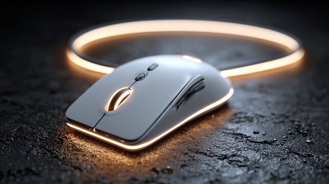 Sleek wireless computer mouse illuminated by soft glowing light, perfect for showcasing modern technology, ergonomic design, or a cutting-edge workspace, inspiring productivity and innovation