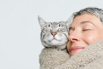 A joyful moment between a woman and her cat, showcasing warmth and companionship in a cozy setting.