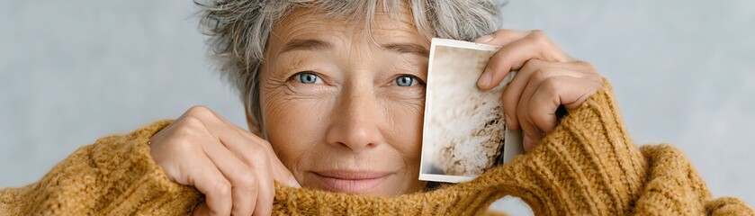 A joyful elderly woman wearing a cozy sweater, holding an old photograph, looking through cherished memories.