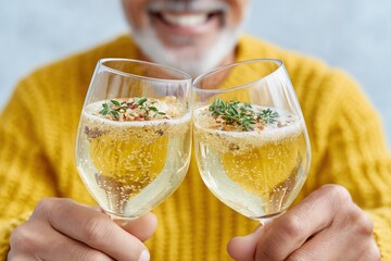 A joyful moment captured as an elderly man raises two glasses filled with sparkling drink, celebrating life.