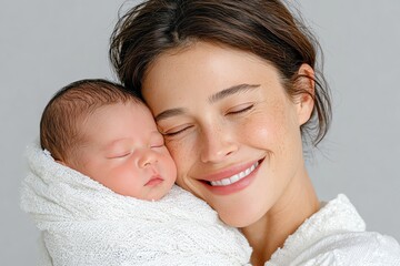 A joyful mother holding her newborn baby, showcasing a moment of love and connection.