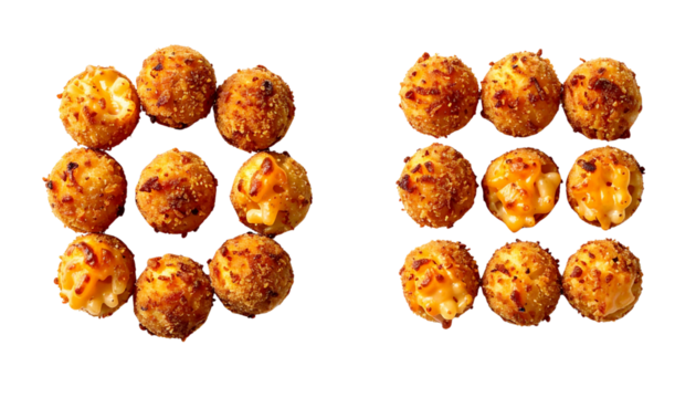 Two top-view appetizer truffle mac and cheese bite variations, isolated on transparent background