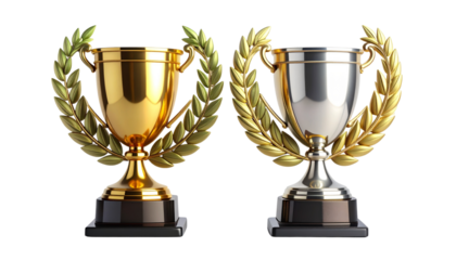  Two trophy cup and laurel wreath variations symbolizing victory, isolated on transparent background
