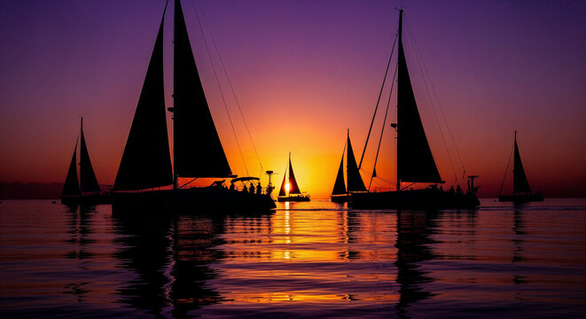 Sailboats silhouetted against vibrant orange sunset
