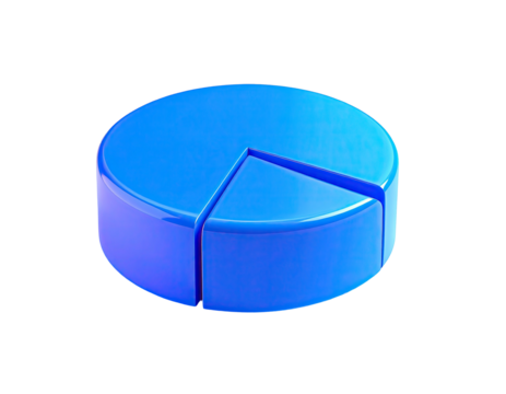 Glossy blue 3D pie chart shows data distribution against a dark background