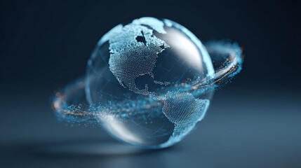 Digital earth globe rotating with a vibrant particle ring, illustrating global data transfer, networking, and interconnected communication across continents against a dark blue background