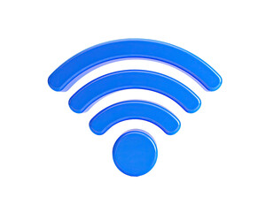 Blue, glossy Wi-Fi symbol with curved arcs, isolated on a black background