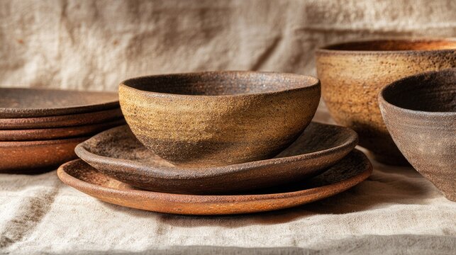 Handmade ceramic bowls and plates arranged on a linen cloth. - Powered by Adobe