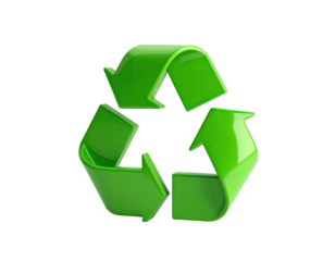 Glossy, bright green recycling symbol floating against a black background