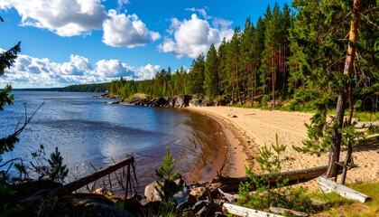 Lakeside beach, dense forest, sunny day