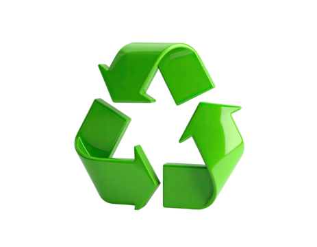 Glossy, bright green recycling symbol floating against a black background