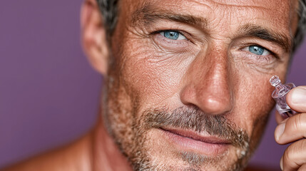 Man with blue eyes holds eye drops, well-groomed face, neutral purple background, detailed portrait.
