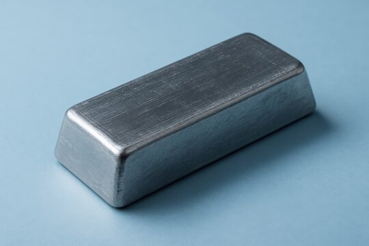 Solid metallic germanium ingot with brushed surface on light blue background