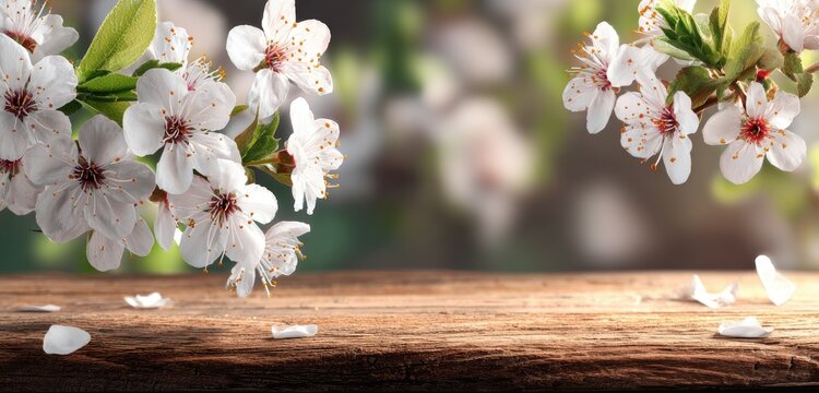 Delicate white blossoms on a rustic wooden table. Springtime beauty