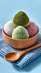 Delicious assorted mochi ice cream balls in a wooden bowl, perfect for dessert lovers.