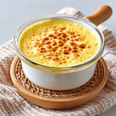Delicious fresh creme brulee served in a glass bowl on a woven mat, perfect for dessert lovers.