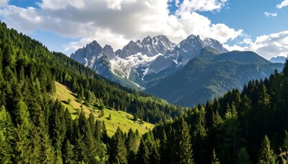 Fototapeta premium Alpine valley with snow-capped peaks. Lush green forest slopes cascade down to a meadow, under a partly cloudy sky