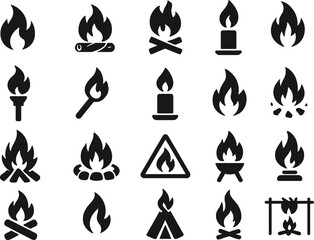 Vector EPS illustration featuring 16 solid black bonfire and campfire icons. Includes fire flames, wood logs with fire, campfire setup, firepit, torch flame, match flame, candle flame, spark flame, fe