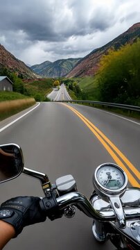 Riding along beautiful, winding roads with stunning mountain views and changing skies brings a sense of adventure and freedom