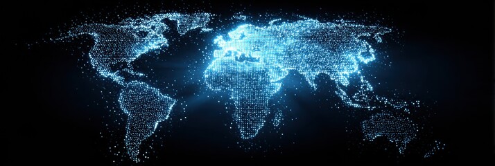 Digital Map of the World Created With Glowing Blue Dots on a Dark Background Showcasing Continents and Oceans in a Futuristic Style