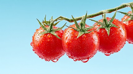 Fresh, vibrant tomatoes with dew drops on a branch, highlighting the freshness and quality of organic produce.
