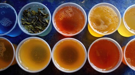 Assorted colorful drinks in disposable cups.