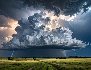 Dramatic storm cloud over a grassy plain