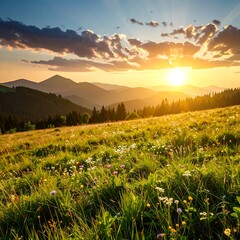 Lush mountain meadow at sunset.  Golden sunlight bathes a vibrant wildflower field, nestled at the foot of a rugged mountain range.  Clouds fill the sky