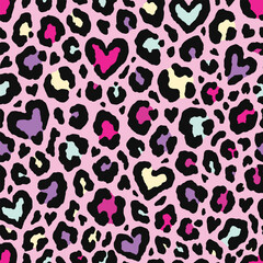Leopard skin love seamless pattern design. Animal print vector illustration background. Wildlife fur skin design illustration for web, home decor, fashion, surface, graphic design