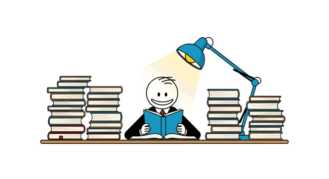 A person reads a book under a desk lamp surrounded by stacks of books.