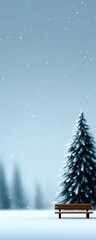 Peaceful winter landscape with a snowy tree and a solitary bench under soft falling snowflakes.
