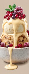 Indulge in a delicious ice cream bowl topped with berries and creamy sauce, perfect for summer treats.